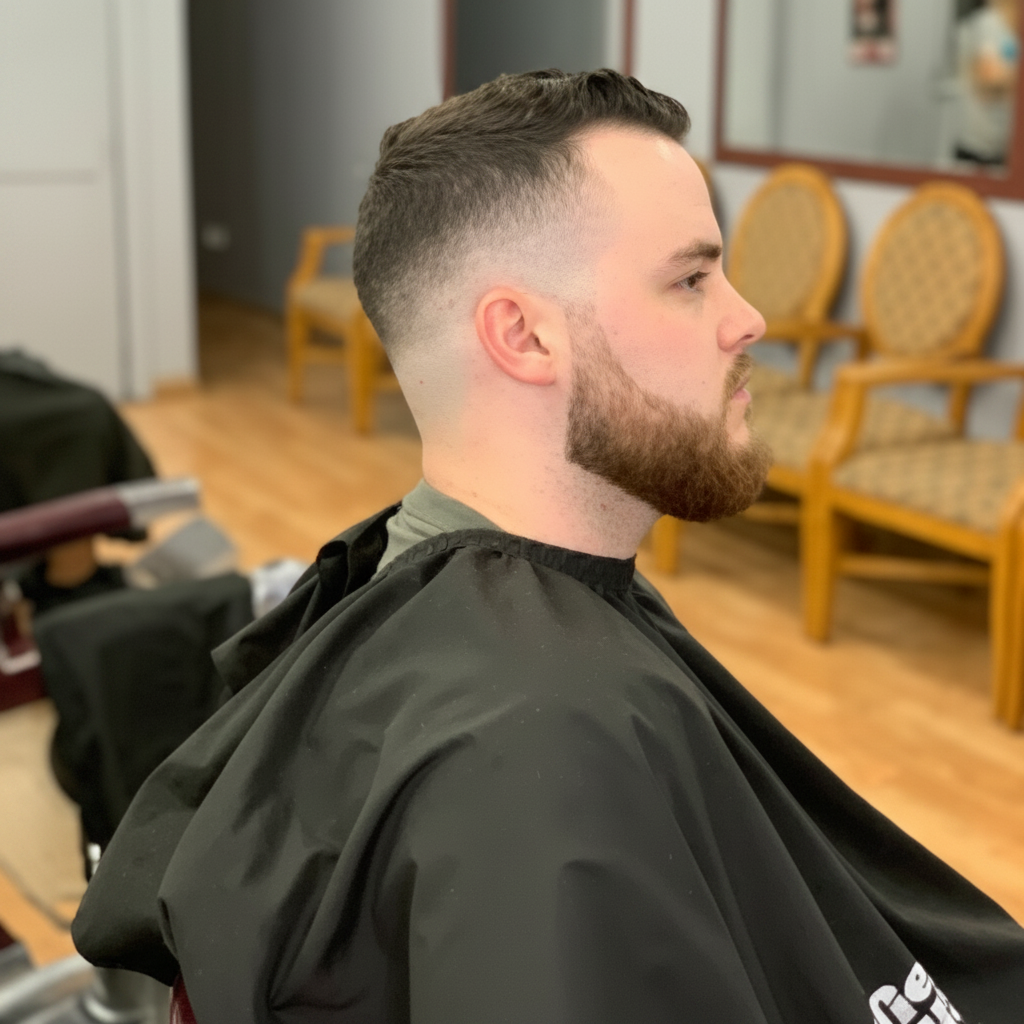 Clean low taper fade with textured top and beard