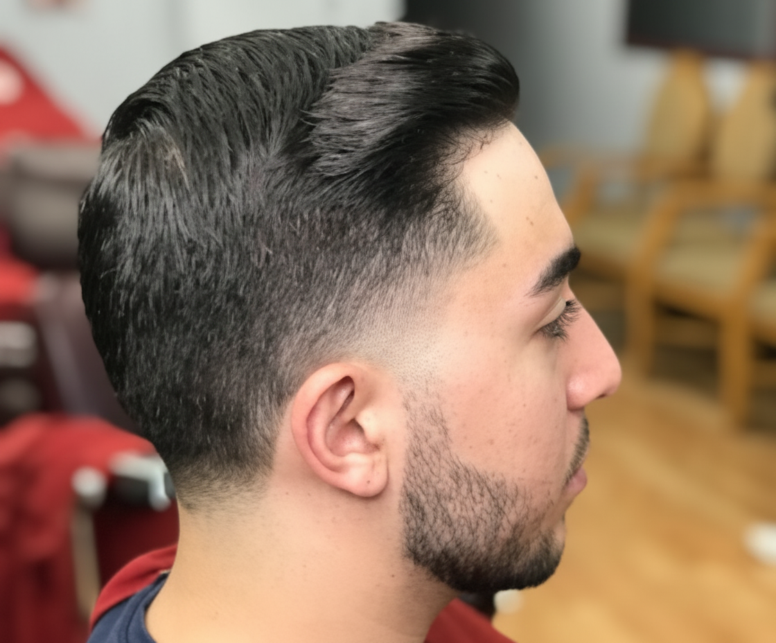 Side profile mid skin fade with sharp line-up and beard