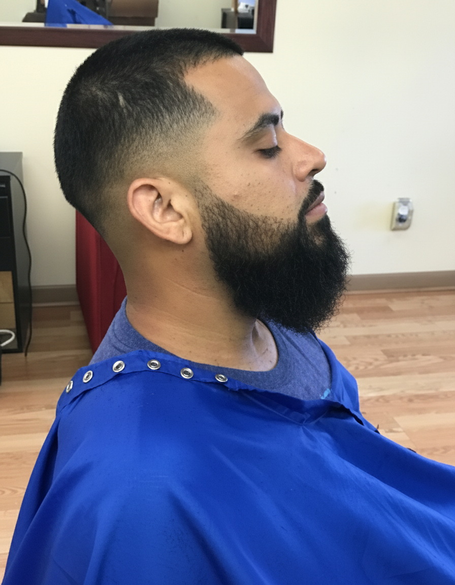 Mid skin fade with full sculpted beard