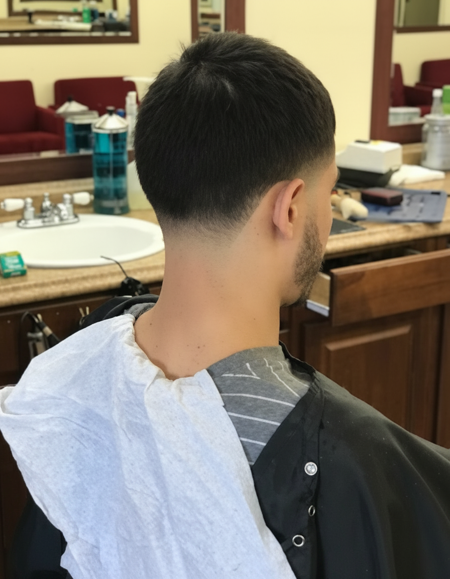 Low taper fade with clean nape shape-up