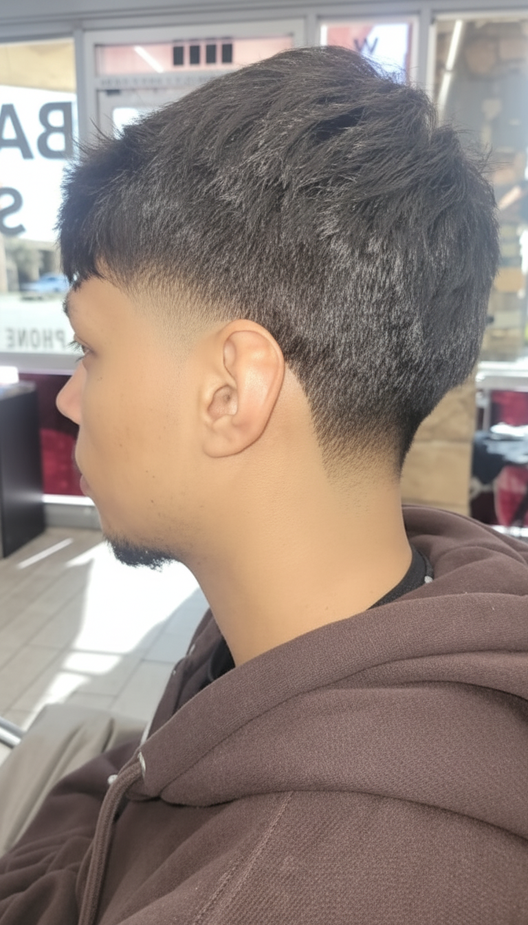 Short textured cut with low taper and beard