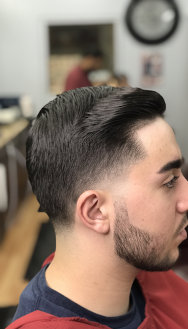 Slick back pompadour with low fade and beard