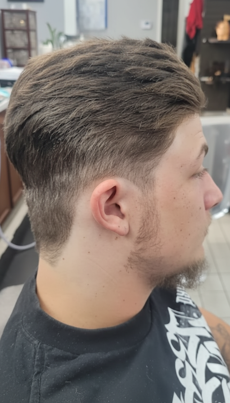 Brush-up textured cut with low taper from the side