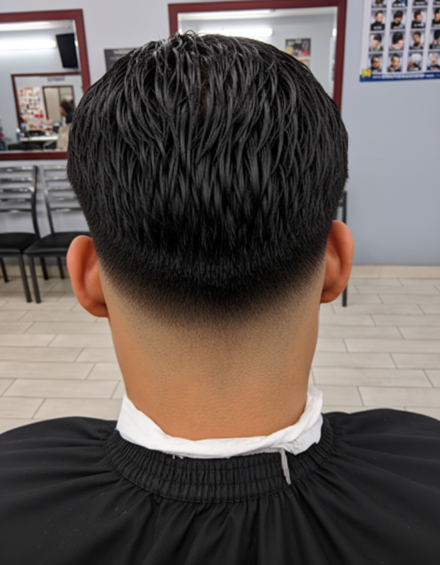 Textured top with low taper fade from the back